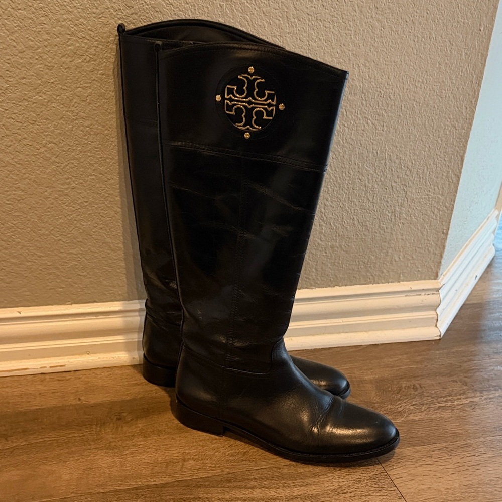 Tory Burch Black Leather Tall Riding Boots with Gold Emblem